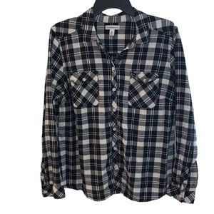 Crofts & Borrow Black Plaid Button Down Flannel Size Extra Large Junior